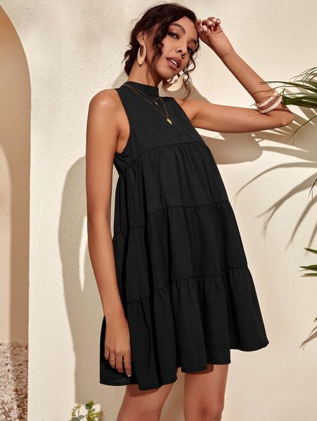 solid ruffle hem smock dress u3fk#, Black;gray