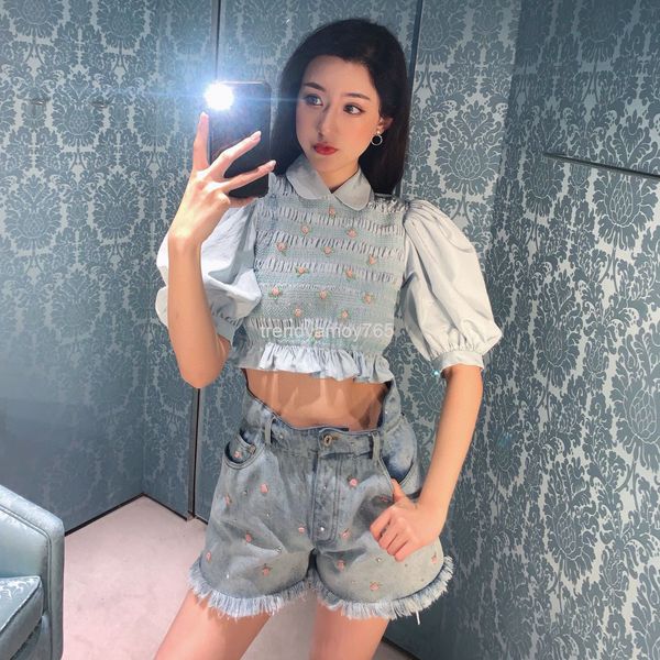 two piece dress miu's three-dimensional embroidered open back short shirt in summer, White
two piece dress miu's three-dimensional embroidered open back short shirt in summer, White