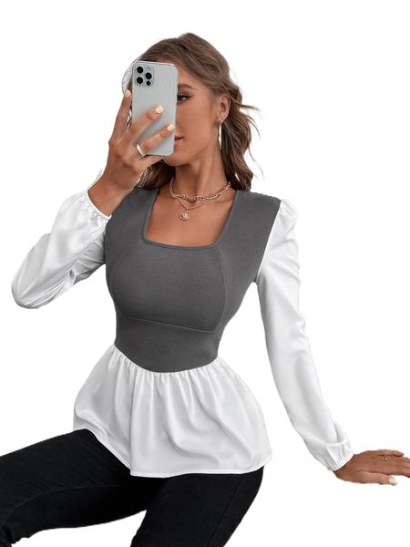 two tone puff sleeve peplum a3oq#, White
two tone puff sleeve peplum a3oq#, White