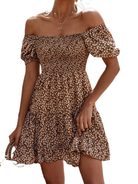 ditsy floral off shoulder shirred puff sleeve ruffle hem dress 668g#, Black;gray
ditsy floral off shoulder shirred puff sleeve ruffle hem dress 668g#, Black;gray