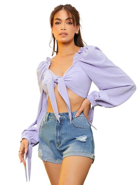 tie front lantern sleeve crop g3fz#, White
tie front lantern sleeve crop g3fz#, White