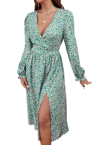 ditsy floral wrap split thigh dress x8xa#, Black;gray