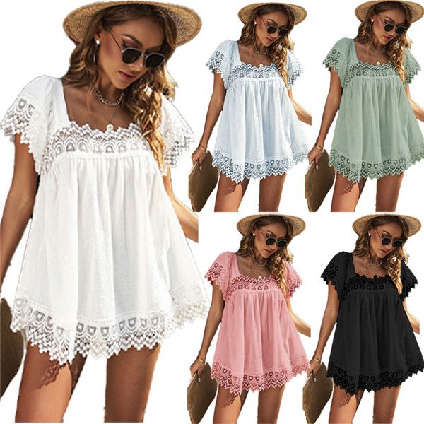 5 colors womens t-shirt square neck solid color casual lace shirt ladies loose versatile u neck short sleeve top, White
5 colors womens t-shirt square neck solid color casual lace shirt ladies loose versatile u neck short sleeve top, White