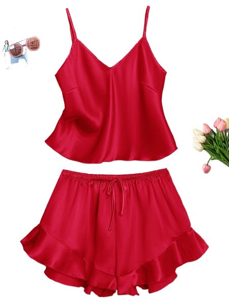 satin cami & ruffle trim shorts pj set e0ld#, Black;red