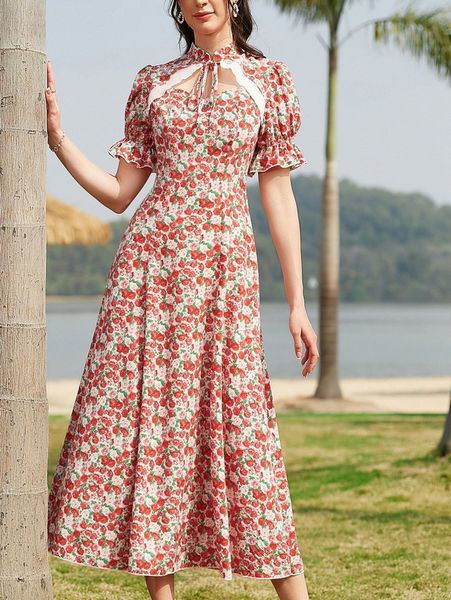 allover floral print tie neck puff sleeve dress d0r1#, Black;gray 
allover floral print tie neck puff sleeve dress d0r1#, Black;gray