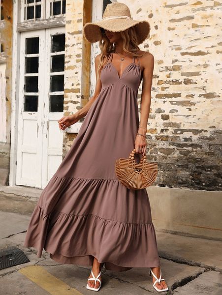 ruffle hem backless halter neck dress p00l#, Black;gray