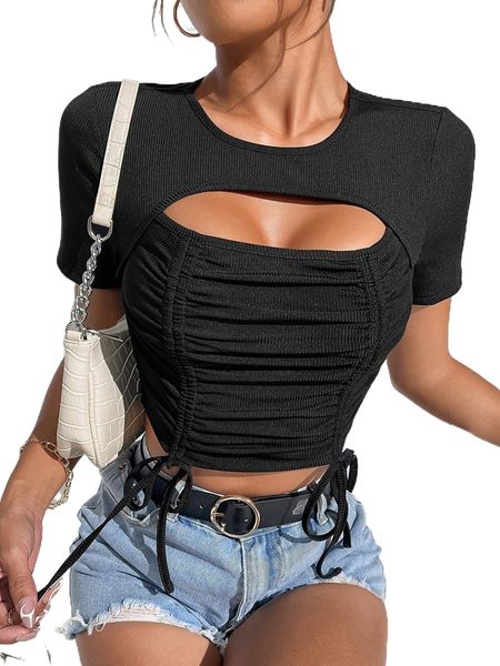 cut out drawstring front crop tee w5y0#, White
cut out drawstring front crop tee w5y0#, White