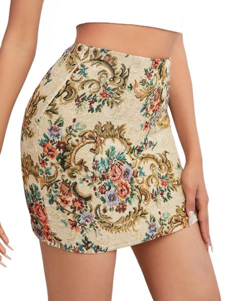 petite high waist floral print bodycon skirt o5n6#, Black