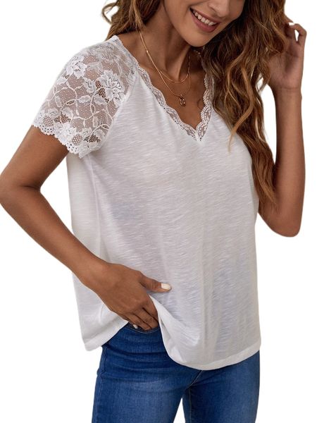 contrast lace raglan sleeve tee a7se#, White