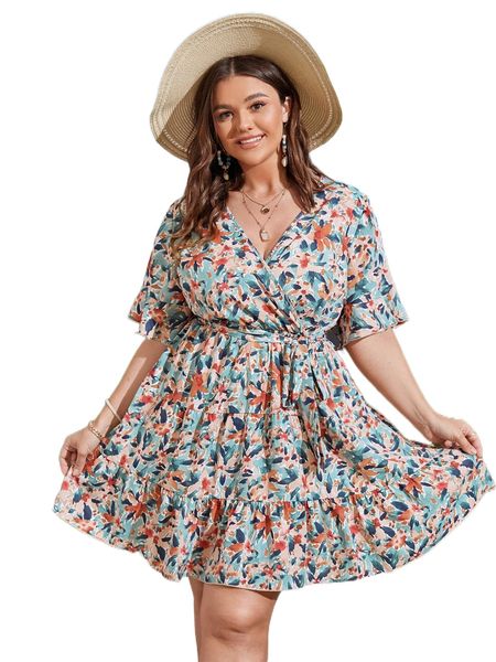 plus allover print flounce sleeve ruffle hem belted dress p8fu#, Black
