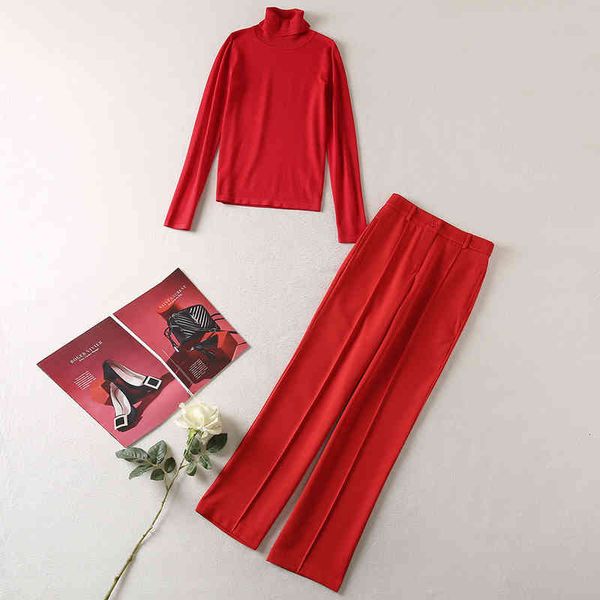 women's two piece pants red suit autumn women's high collar long sleeve sweater straight pants two-piece set, White
women's two piece pants red suit autumn women's high collar long sleeve sweater straight pants two-piece set, White