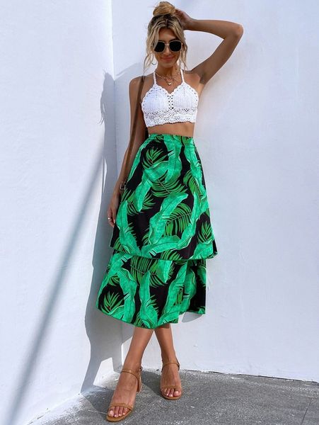 high waist tropical print layered hem skirt m5un#, Black
high waist tropical print layered hem skirt m5un#, Black