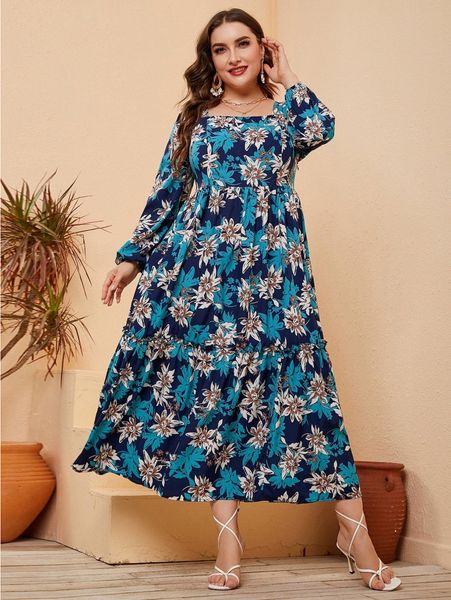 plus floral print lantern sleeve square neck ruffle hem dress d2bf#, Black