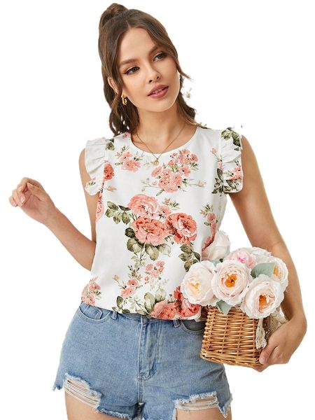 floral print ruffle trim blouse c9n4#, White