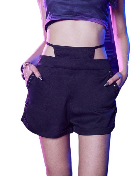 romwe cyber luvr studded tie back shorts h49m#, White;black