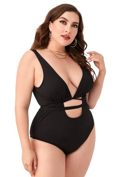 plus cut out tie back plunging neck one piece swimsuit k80b#, White;black
plus cut out tie back plunging neck one piece swimsuit k80b#, White;black