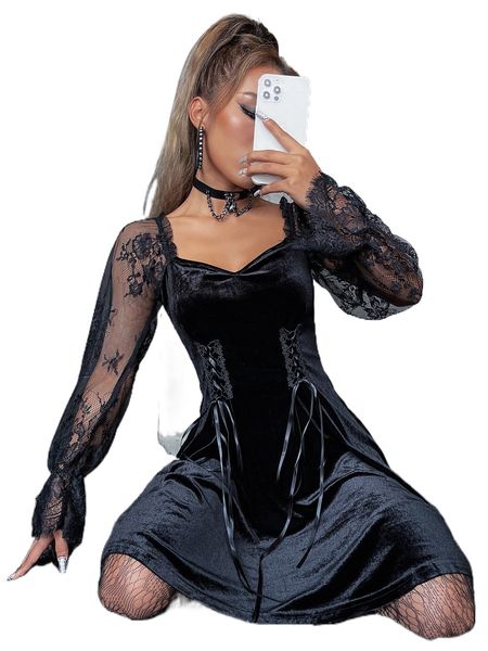 lace up contrast eyelash lace sweetheart neck velvet dress l7y5#, Black;gray