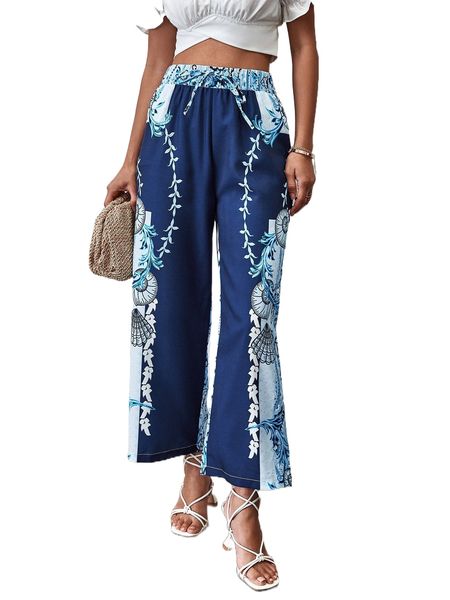baroque & shell print tie front wide leg pants g1wz#, Black;white