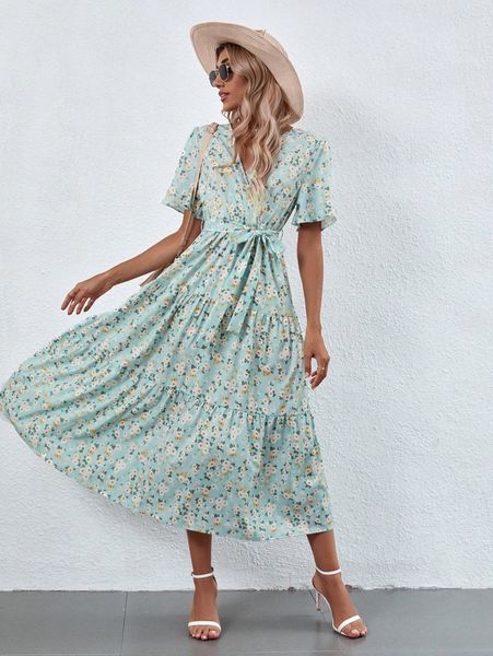 floral print ruffle hem belted dress e7ut#, Black;gray 
floral print ruffle hem belted dress e7ut#, Black;gray
