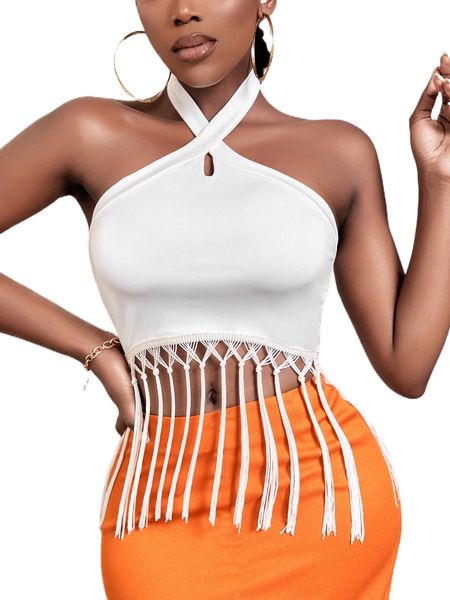 sxy cross wrap fringe hem halter 22ja#, White