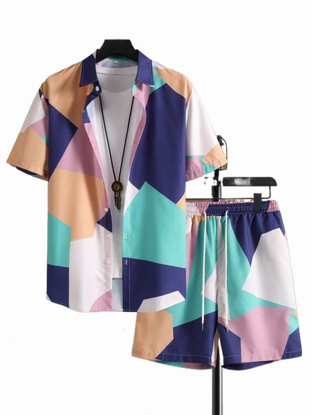 men colorblock button up shirt with drawstring waist shorts without tee j3em#, Gray
men colorblock button up shirt with drawstring waist shorts without tee j3em#, Gray