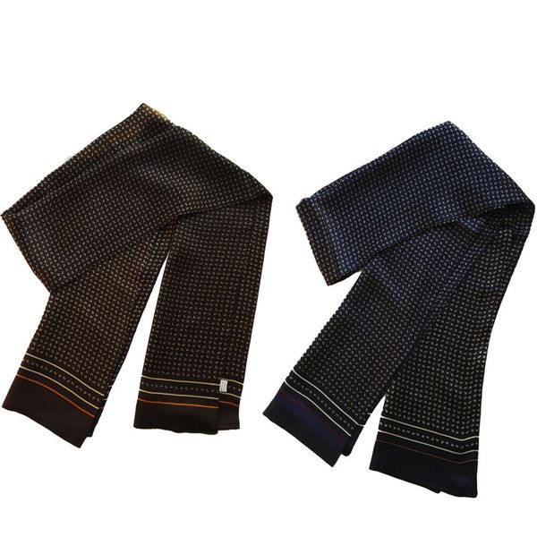 men's 100% mulberry silk long scarf double scarf bow tie leaf blue brown, Blue;gray