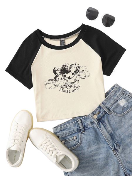 angel print raglan sleeve tee g1uz#, White 
angel print raglan sleeve tee g1uz#, White