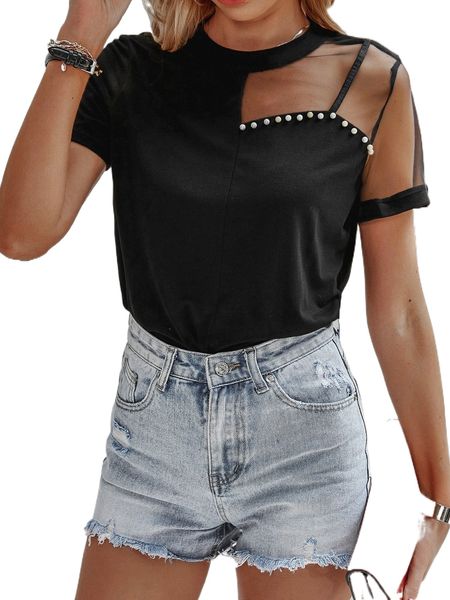 mesh panel pearls beaded tee o2st#, White
mesh panel pearls beaded tee o2st#, White