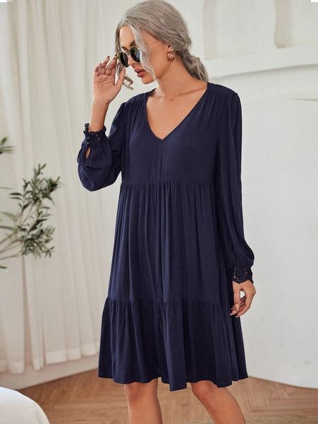 solid v neck ruffle hem smock dress s4xm#, Black;gray
solid v neck ruffle hem smock dress s4xm#, Black;gray