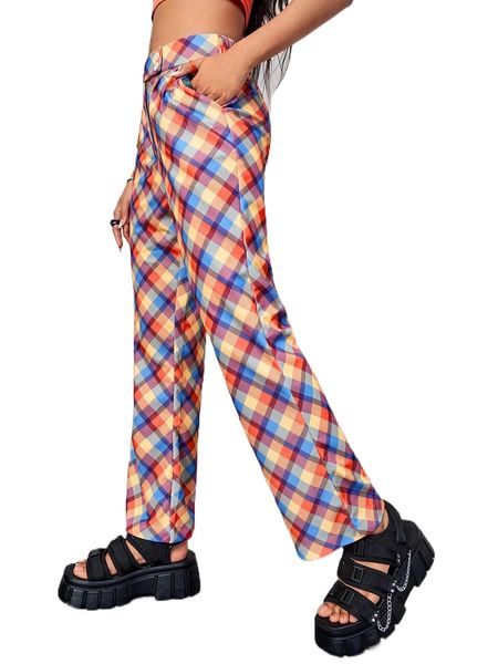 plaid print button front pants w2gp#, Black;white 
plaid print button front pants w2gp#, Black;white