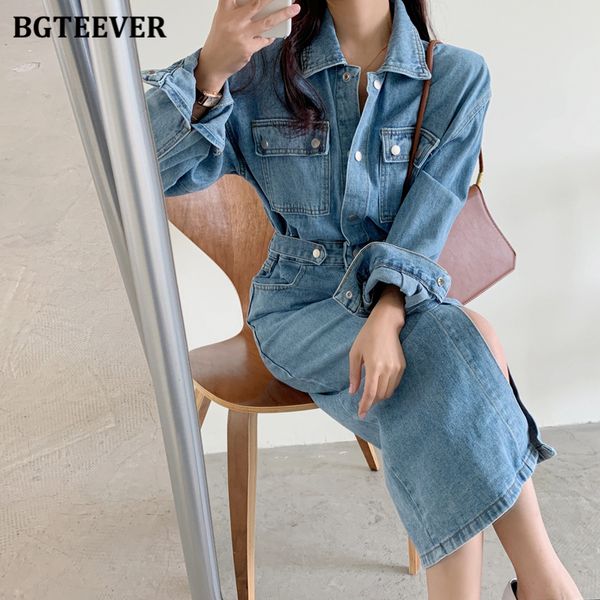 bgteever vintage women single-breasted denim dress full sleeve pockets slim waist female straight jeans dress spring vestidos, Black;gray
bgteever vintage women single-breasted denim dress full sleeve pockets slim waist female straight jeans dress spring vestidos, Black;gray
