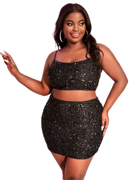 plus sequin cami & zip back bodycon skirt f4pq#, Black
