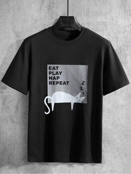 men letter & cat print tee 69lw#, White;black