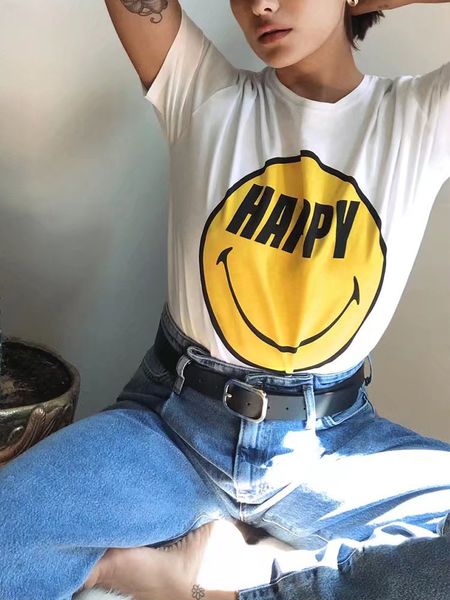 's women's sweet and age-reducing all-match round neck short-sleeved textured smiley printed cotton t-shirt 220425, White
's women's sweet and age-reducing all-match round neck short-sleeved textured smiley printed cotton t-shirt 220425, White
