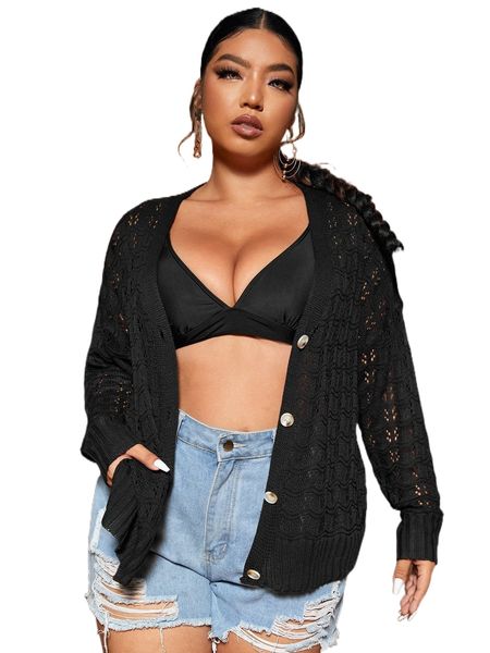plus pointelle knit single breasted drop shoulder cardigan without bra s3im#, Black
plus pointelle knit single breasted drop shoulder cardigan without bra s3im#, Black