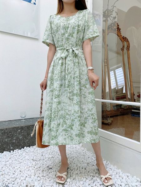 dazy allover floral print belted dress e41b#, Black;gray
dazy allover floral print belted dress e41b#, Black;gray