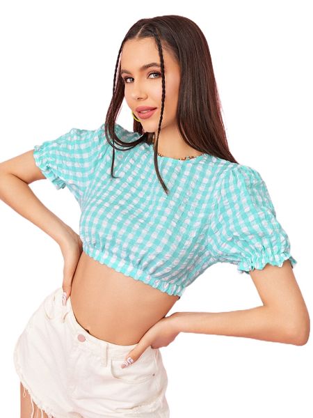 gingham puffer sleeve crop blouse h97l#, White
gingham puffer sleeve crop blouse h97l#, White