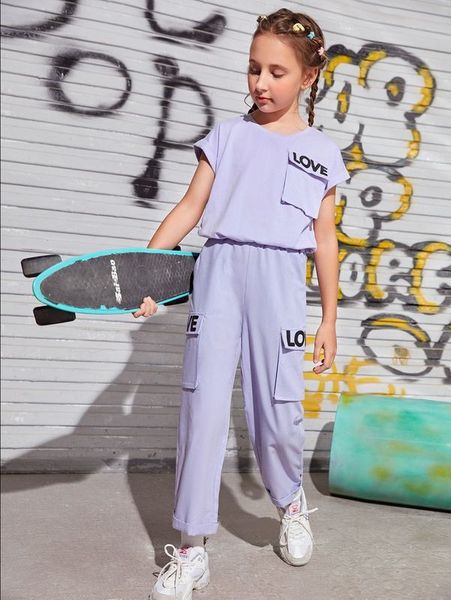 girls letter graphic batwing sleeve tee & cargo pants she, White