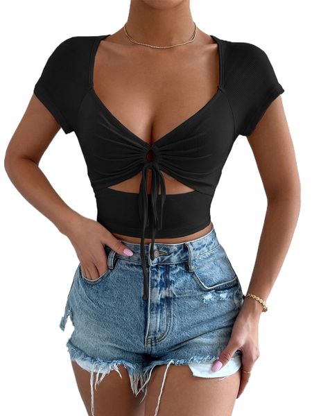 cut out sweetheart neck tie front tee k0b5#, White
cut out sweetheart neck tie front tee k0b5#, White