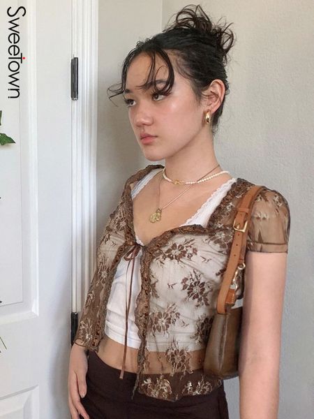 sweetown brown vintage lace crop short sleeve see through mesh woman tshirts v neck lace up floral kawaii clothes 220611, White
sweetown brown vintage lace crop short sleeve see through mesh woman tshirts v neck lace up floral kawaii clothes 220611, White
