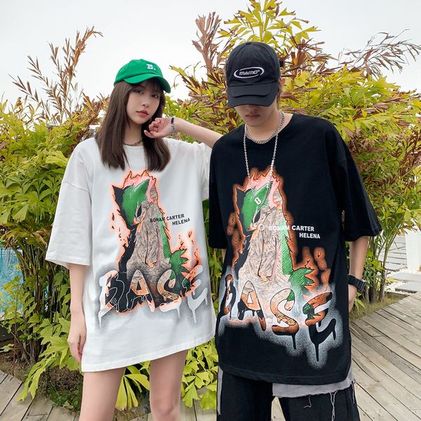 men's and women's summer fashion hip hop cartoon printed t-shirt couple loose bottomed shirt, White
men's and women's summer fashion hip hop cartoon printed t-shirt couple loose bottomed shirt, White