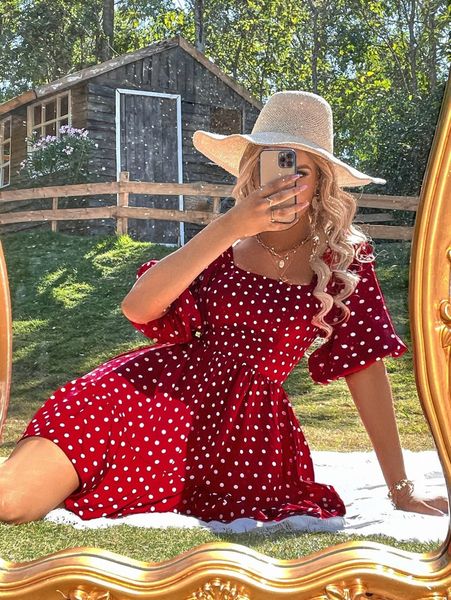 polka dot print tie back ruffle hem a-line dress 30xc#, Black;gray
polka dot print tie back ruffle hem a-line dress 30xc#, Black;gray