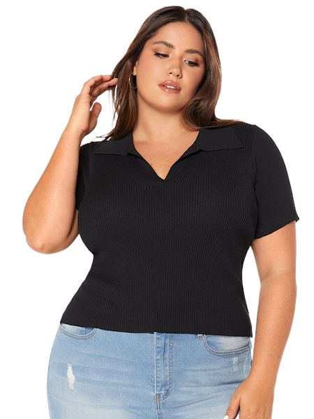 plus solid ribbed knit d0ok#, Black