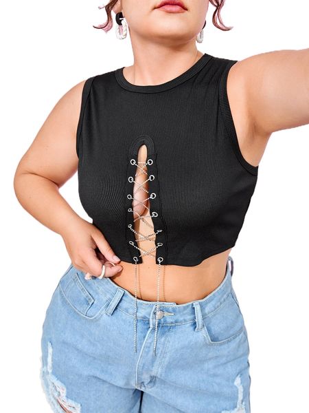 plus rhinestone chain lace-up front tank f3c9#, Black
plus rhinestone chain lace-up front tank f3c9#, Black