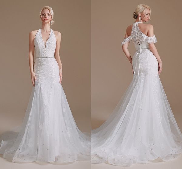 real pictures mermaid wedding dresses halter lace appliqued deep v neck beach backless strapless bridal gown cps1993, White
real pictures mermaid wedding dresses halter lace appliqued deep v neck beach backless strapless bridal gown cps1993, White