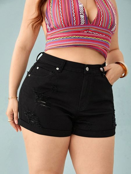 plus ripped slant pocket denim shorts u5ml#, White;black