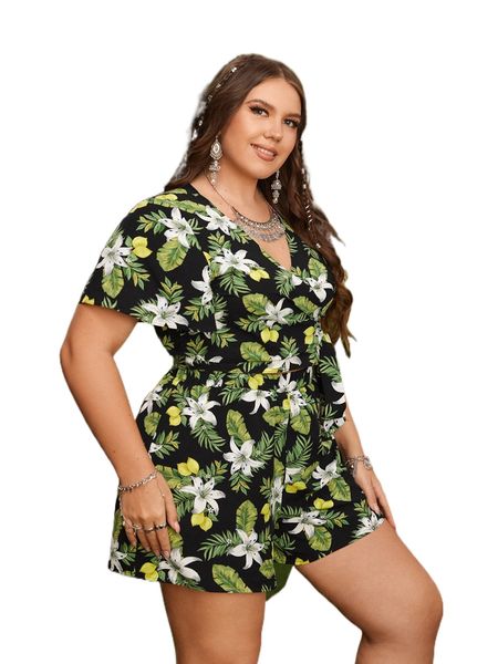 plus tropical print tie side and shorts set a7ks#, Black