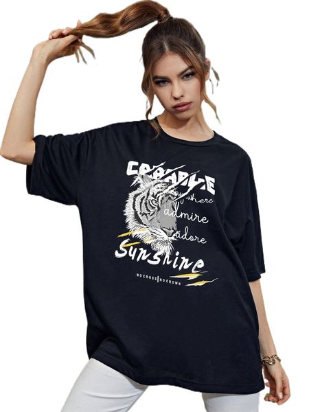 tiger and letter graphic drop shoulder oversized tee p7wh#, White