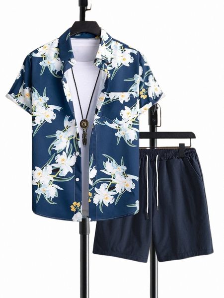 men floral print patched pocket shirt & drawstring waist shorts without tee 52x1#, Gray
men floral print patched pocket shirt & drawstring waist shorts without tee 52x1#, Gray