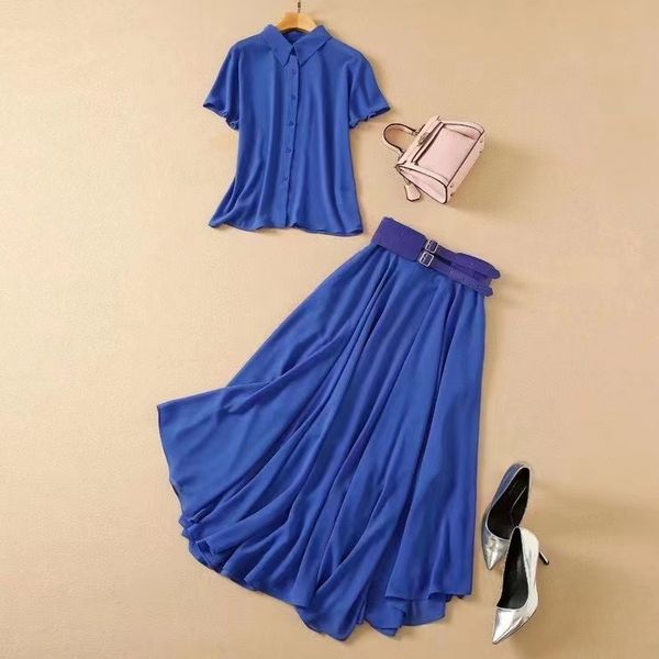 european and american women's summer 2022 new short sleeved blue shirt irregular belt pleated skirt fashion suits, White
european and american women's summer 2022 new short sleeved blue shirt irregular belt pleated skirt fashion suits, White